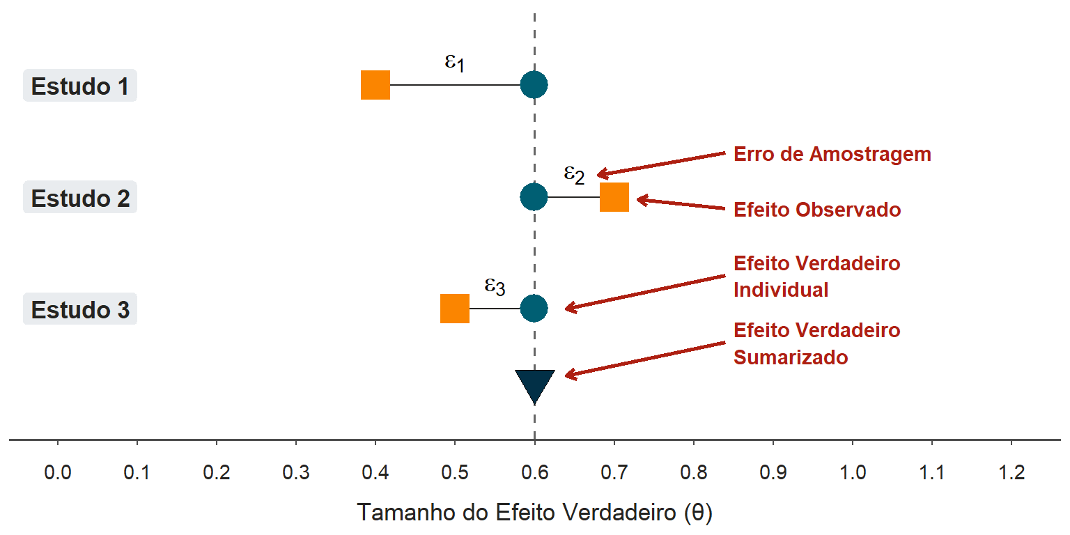 Demonstração que em um modelo de efeitos fixos existe um tamanho de de efeito verdadeiro da população que acredita-se ser o mesmo para todos os estudos. Porém, devido ao erro amostral os estudos diferem desse tamanho amostral constante.